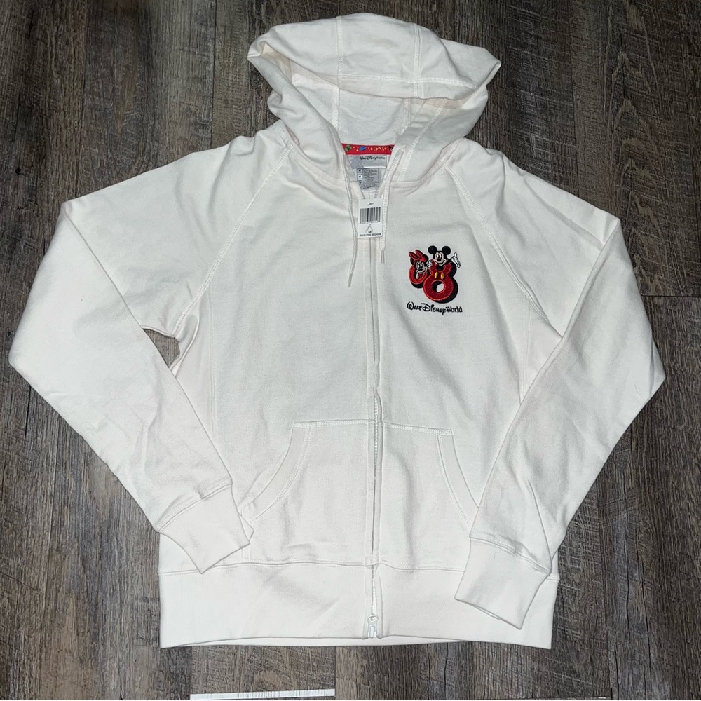 Vintage 08 NEW Walt Disney World Hoodie Womens Medium White‎ Zip Up Mickey Mouse